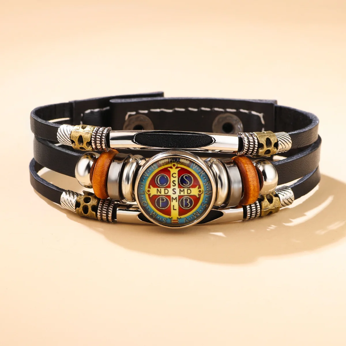  ﻿ Saint Benedict Medal Leather Bracelet Catholic San Benito Glass Dome Snap Buttons Punk Bracelet Leather Adjustable Bangles