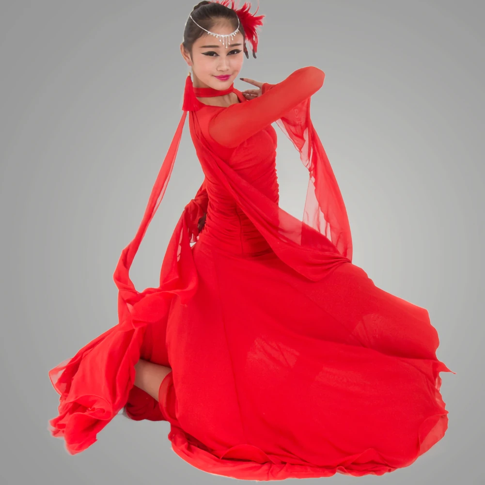 Gesellschaftstanzkleid Schwarz Rose Rot Standard-Wettkampfkleid V-Ausschnitt Band Mesh Langarm Übungstanzkostüm