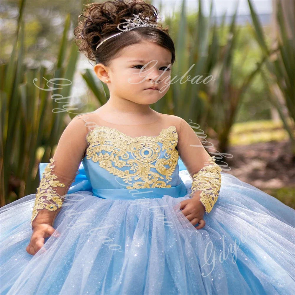 Vestidos de niña de flores de manga larga para boda, vestido de princesa de encaje dorado para desfile, vestidos largos de fiesta de cumpleaños y comunión para niños pequeños