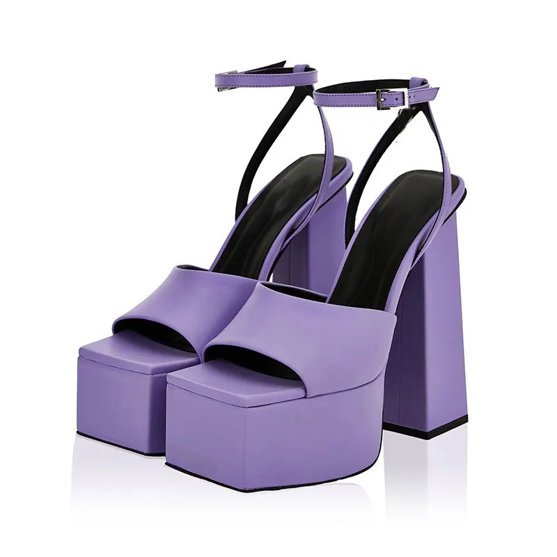 

Square Toe Soft Leather Open Toe High Heels Platform Ultra-High Thick Heel Sexy Sandals Fashionable Catwalks Women Shoes
