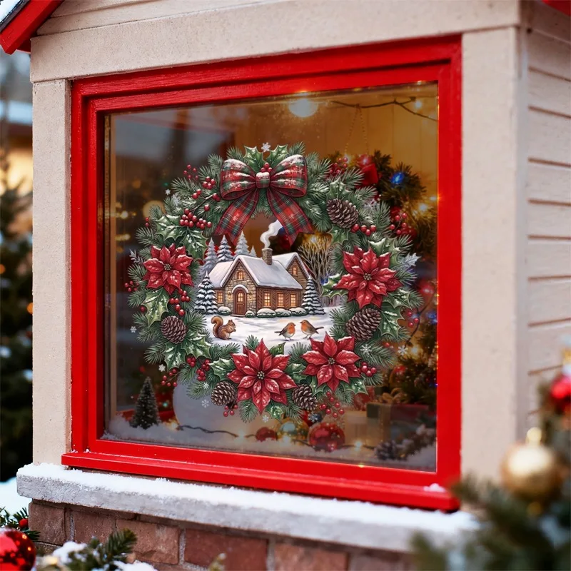 Christmas Wreath Window Cling Static Window Sticker Poinsettia Holly Glass Decal Removable Holiday Home Decoration