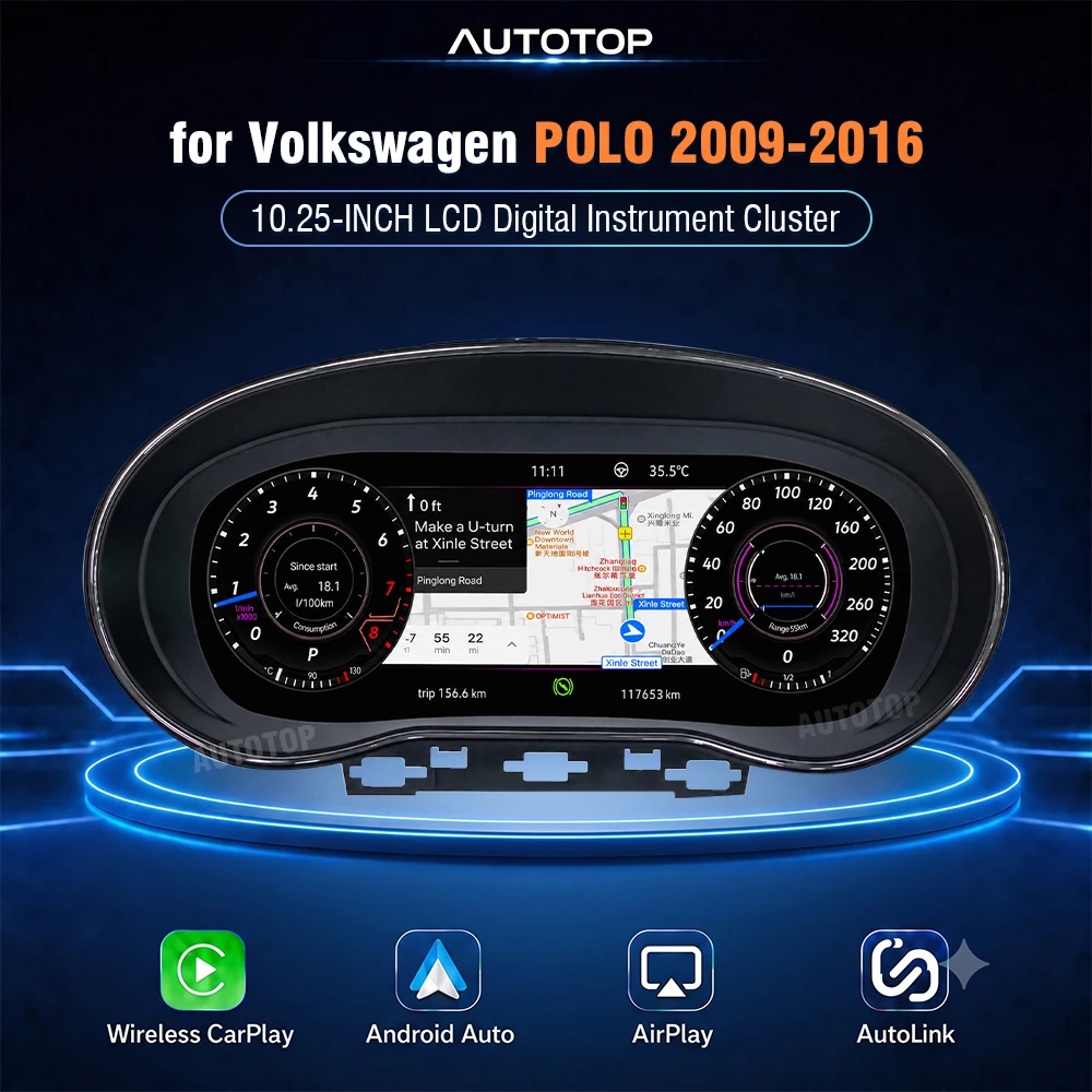 AUTOTOP 12,3 Zoll Digitales Kombiinstrument für Volkswagen VW Polo 6R 6C 2009-2016, LCD Virtuelles Cockpit Armaturenbrett Tachometer-Ersatz, Original Adaptiver Tempomat ACC-Display, Kabelloses CarPlay