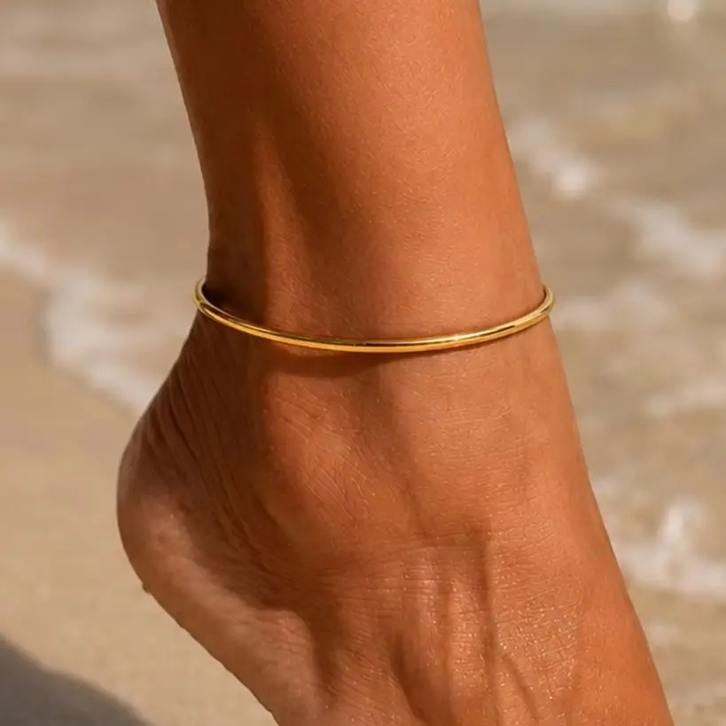 KunJoe Simple 18K Gold Plated Stainless Steel Anklets Women Trendy Glossy Round Foot Chain Daily Beach Party Waterproof Jewelry