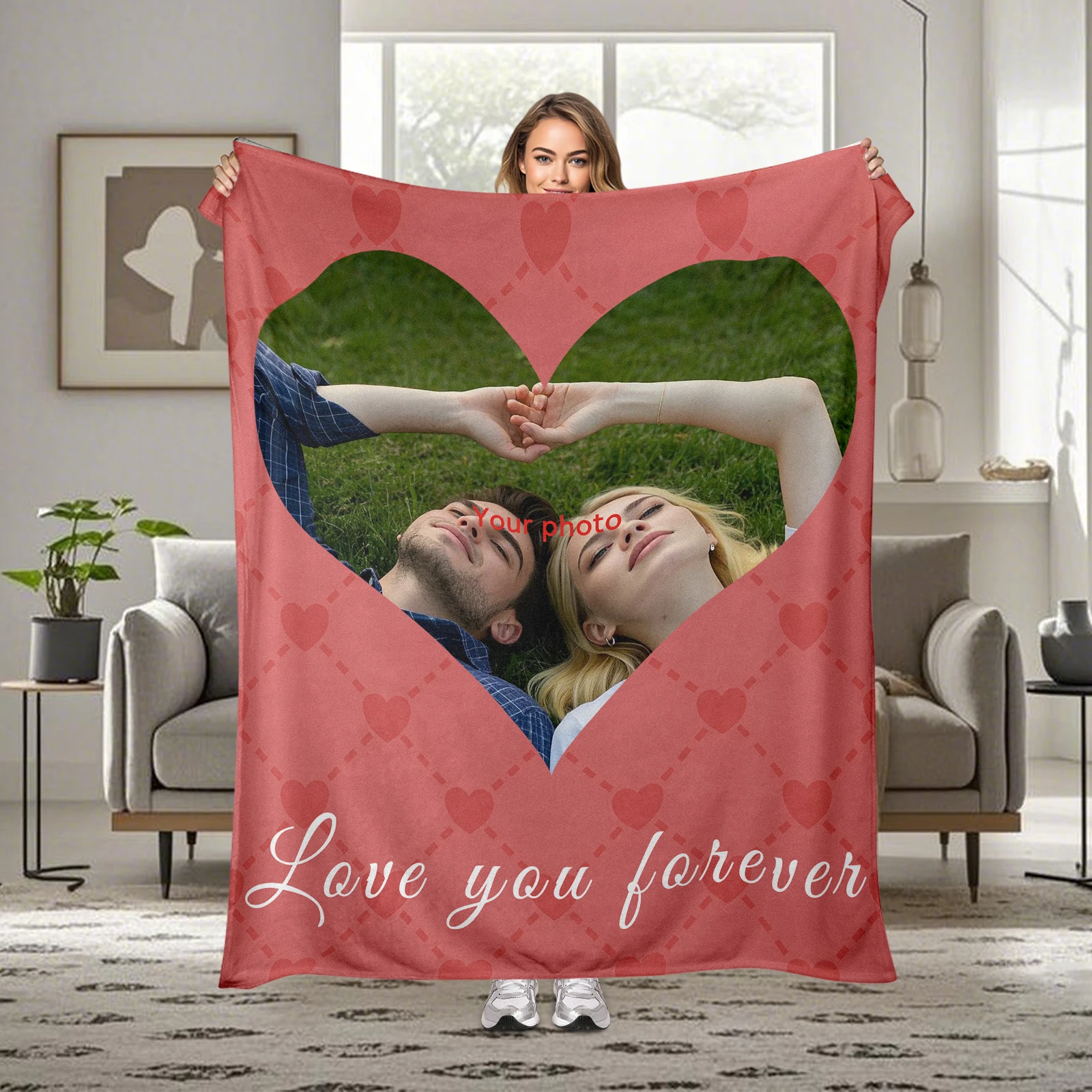 

Valentine's Day Flannel Blanket with Hearts. Customizable Pictures and Romantic Words for Couples' Love.