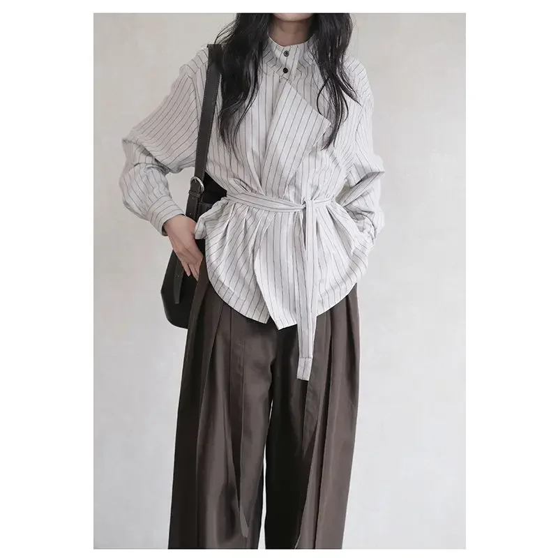 Deeptown Lace Up Striped Women Shirt Vintage Elegant Long Sleeve French Style Button Blouse Female Loose Office Lady Casual New