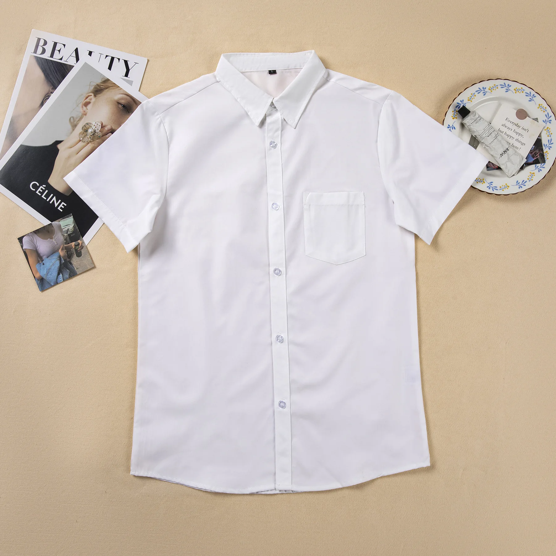 Men Japanese College Style DK Uniform Shirt, Loose White Short Sleeve Pointed Neck Top, Plus Size For Class & Work Wear