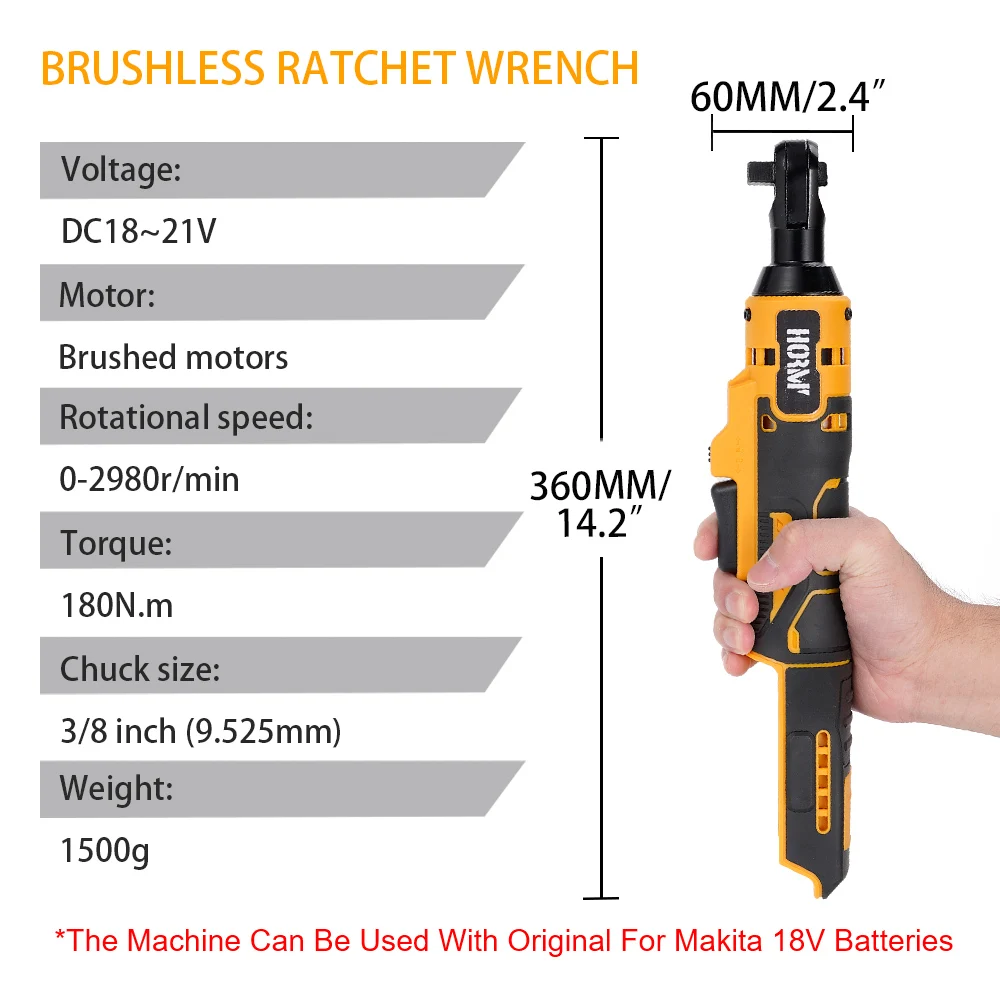 180Nm Cordless Electric Ratchet Wrench 3/8 Inch Angle Drill Screwdriver Removal Screw Nut Car Repair Tool For Makita 18V Battery