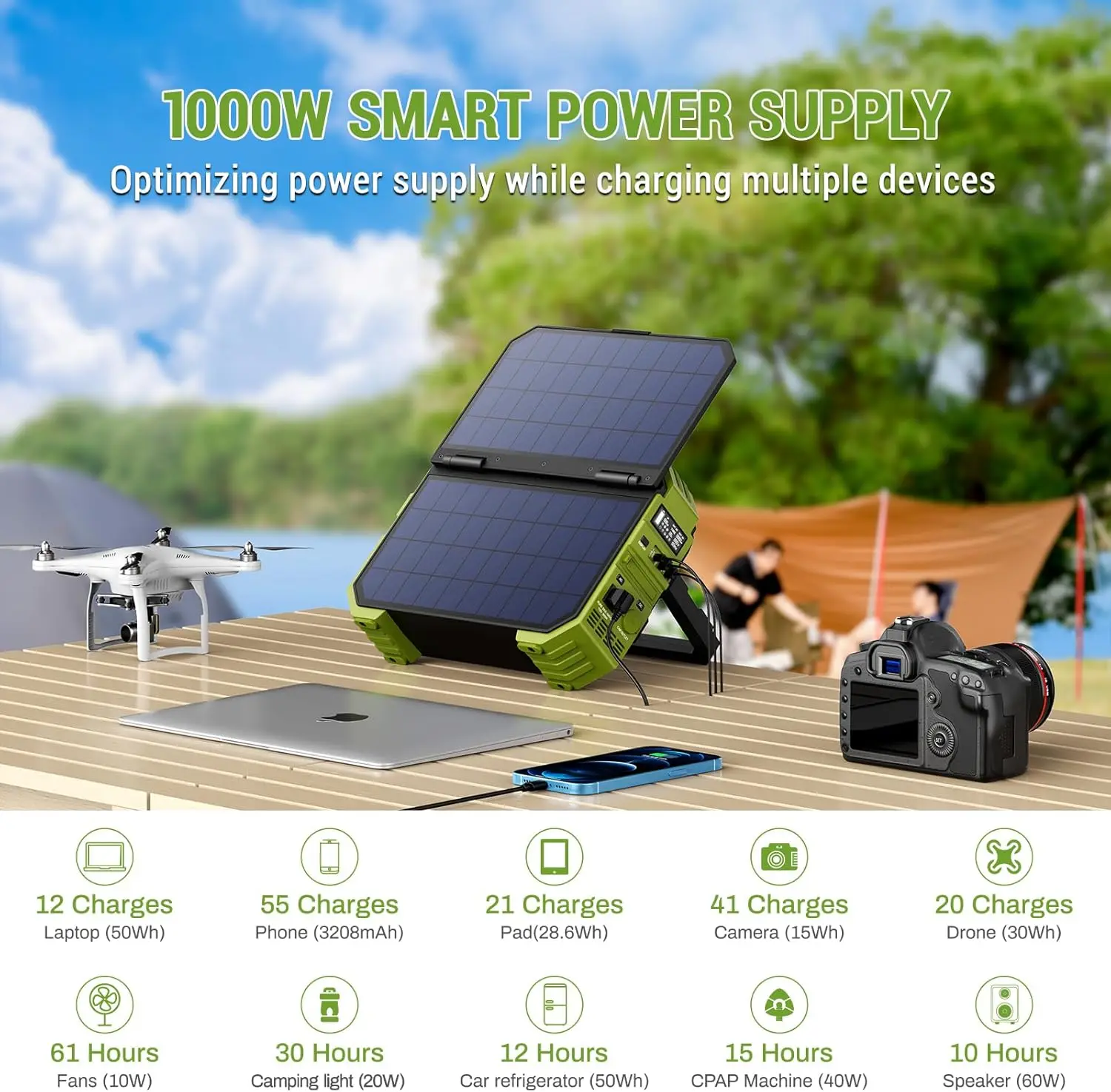 Portable Power Station 1000W w/ Built-in Solar Panel, 614WH/192000mAh LiFePO4 Battery Pack, Solar Generator with AC/DC/USB/PD