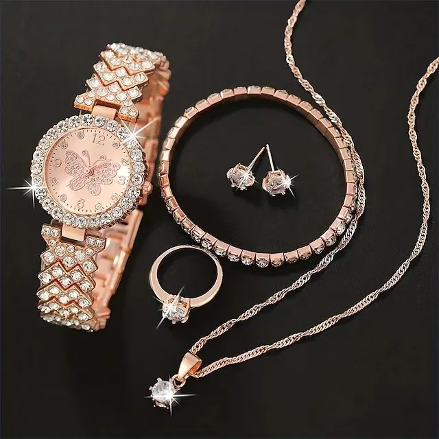 Elegant Rose Gold Butterfly Watch+sparkling Bracelet, Necklace, Earrings, Ring Combination Set, Women's Fashionable Watch
