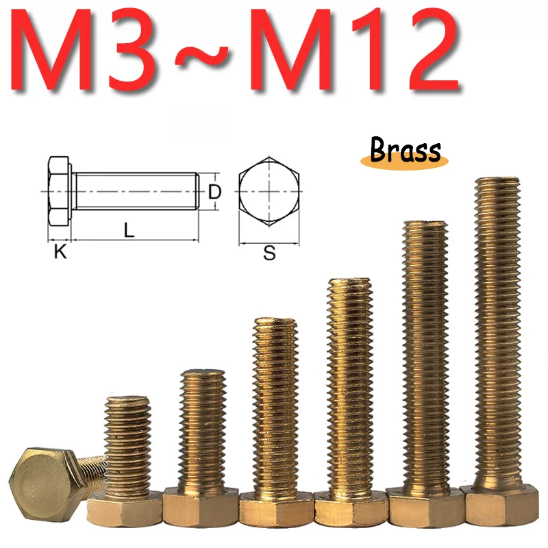 1~50pcs Brass External Hex Head Bolts M3 M4 M5 M6 M8 M10 M12 Metric Thread External Hex Head Brass Screws Outer Six Corner Bolts