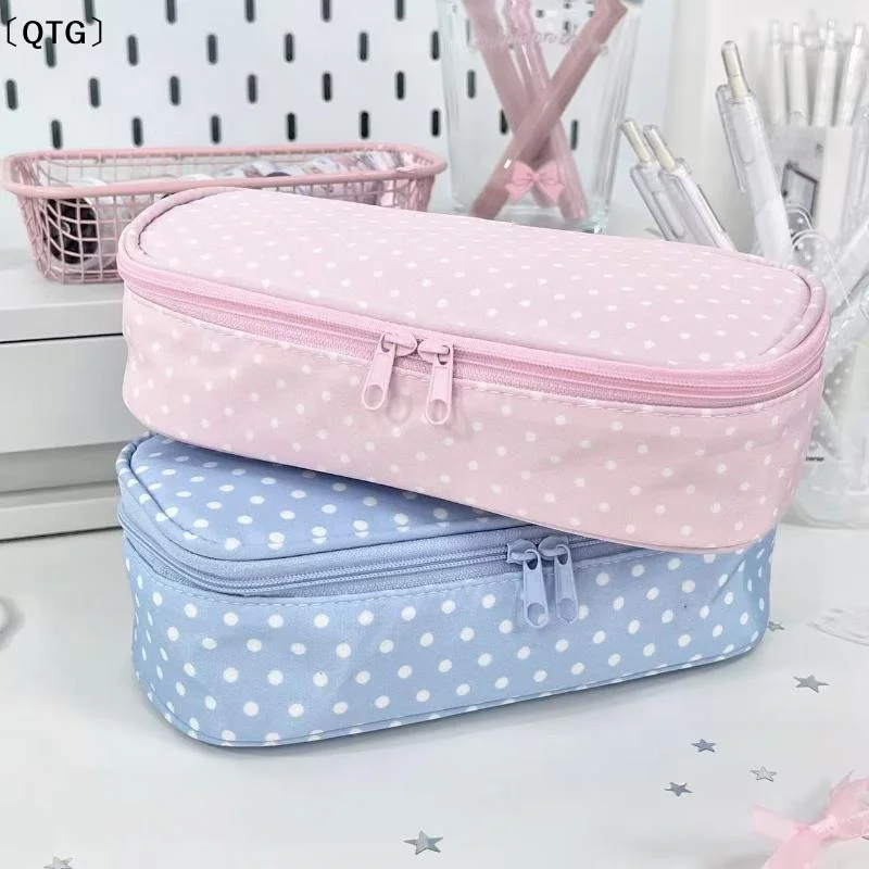 〔QTG〕1Pcs INS Style Pink Polka Dot Pencil Case Multi-Use Large Capacity Pen Bag Pencil Pouch Students