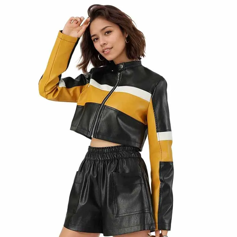 Y2K – veste en cuir épissé pour femme, manteau de moto tendance, couleur contrastée, fermeture éclair, Pu, Sexy, Slim Fit, vestes courtes