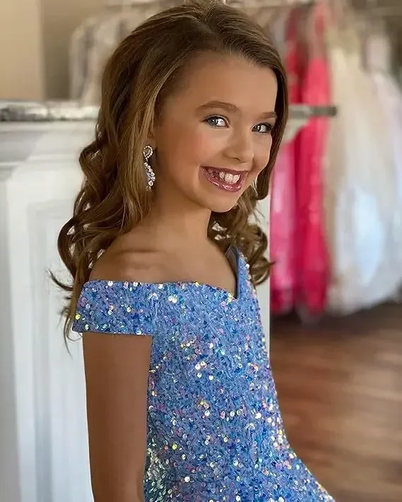 Vestidos de niña de flores con lentejuelas y hombros descubiertos con purpurina para bodas, vestido largo para fiesta infantil, desfile de cumpleaños, vestido Formal de baile de princesa