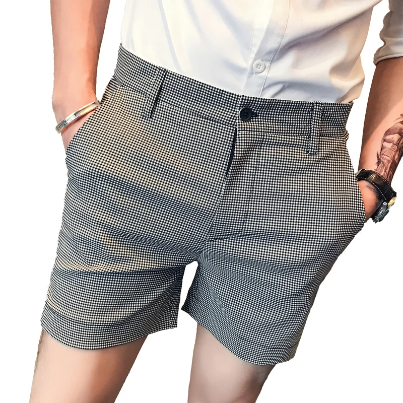 New Fashion Summer Plaid Shorts Men Clothing 2022 Hem Slit Simple Casual Short Pants High Quality Gray Pants Homme Streetwear