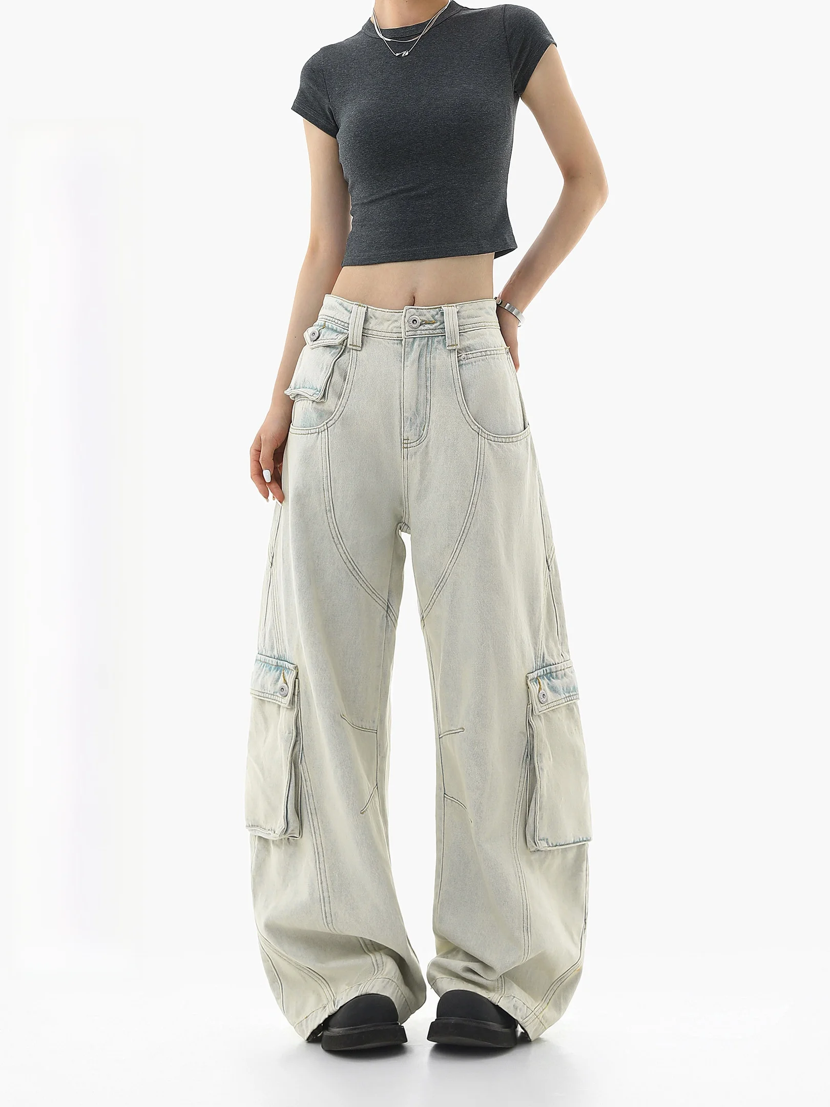 Washed Light Blue Wide Leg Knife  Denim Jeans Women's Autumn 2026 Ichmode Trousers with Large Pockets Loose Fit Natural W...