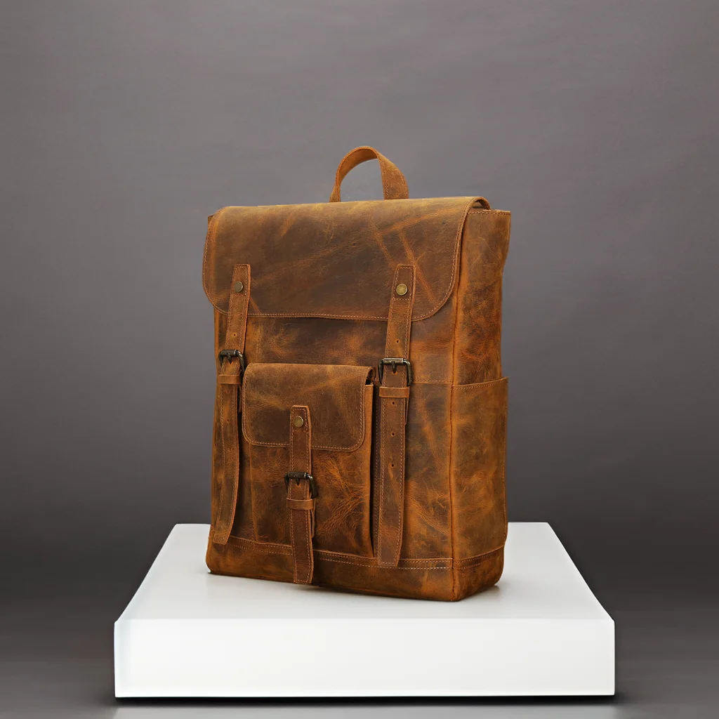 

Custom Vintage Cowhide Crazy Horse Leather Bag Outdoor Travel Hiking Men Laptop Bagpack Back Pack Genuine Leather Backpack