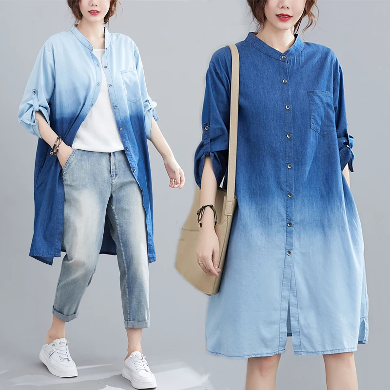 

Летняя повседневная джинсовая одежда средней длины цвета adient, женская свободная одежда Dr, модная тонкая хлопковая смесь полиэстера, девять четвертей све