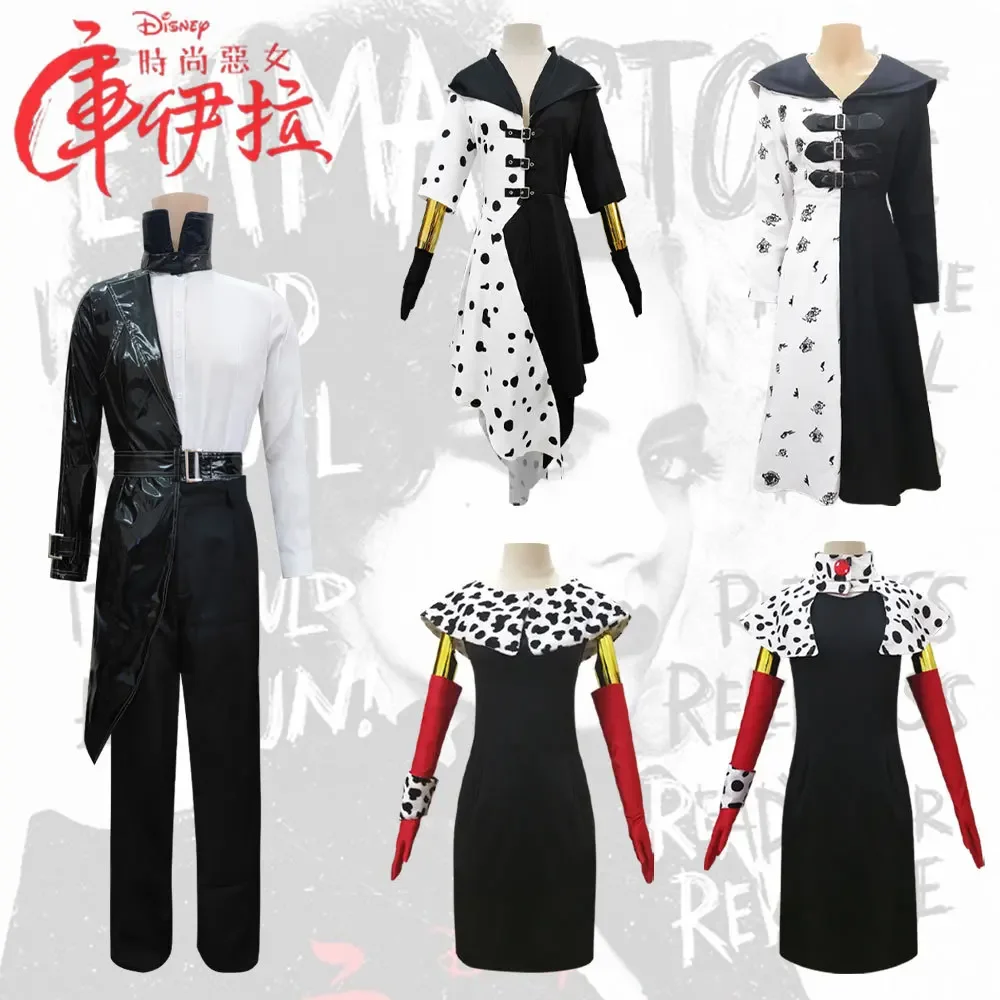 Anime Movie 101 Dalmatians：The Series Cruella De Vil Cosplay Costume Printing Dress Wig Adult Woman Sexy Party Halloween Suit