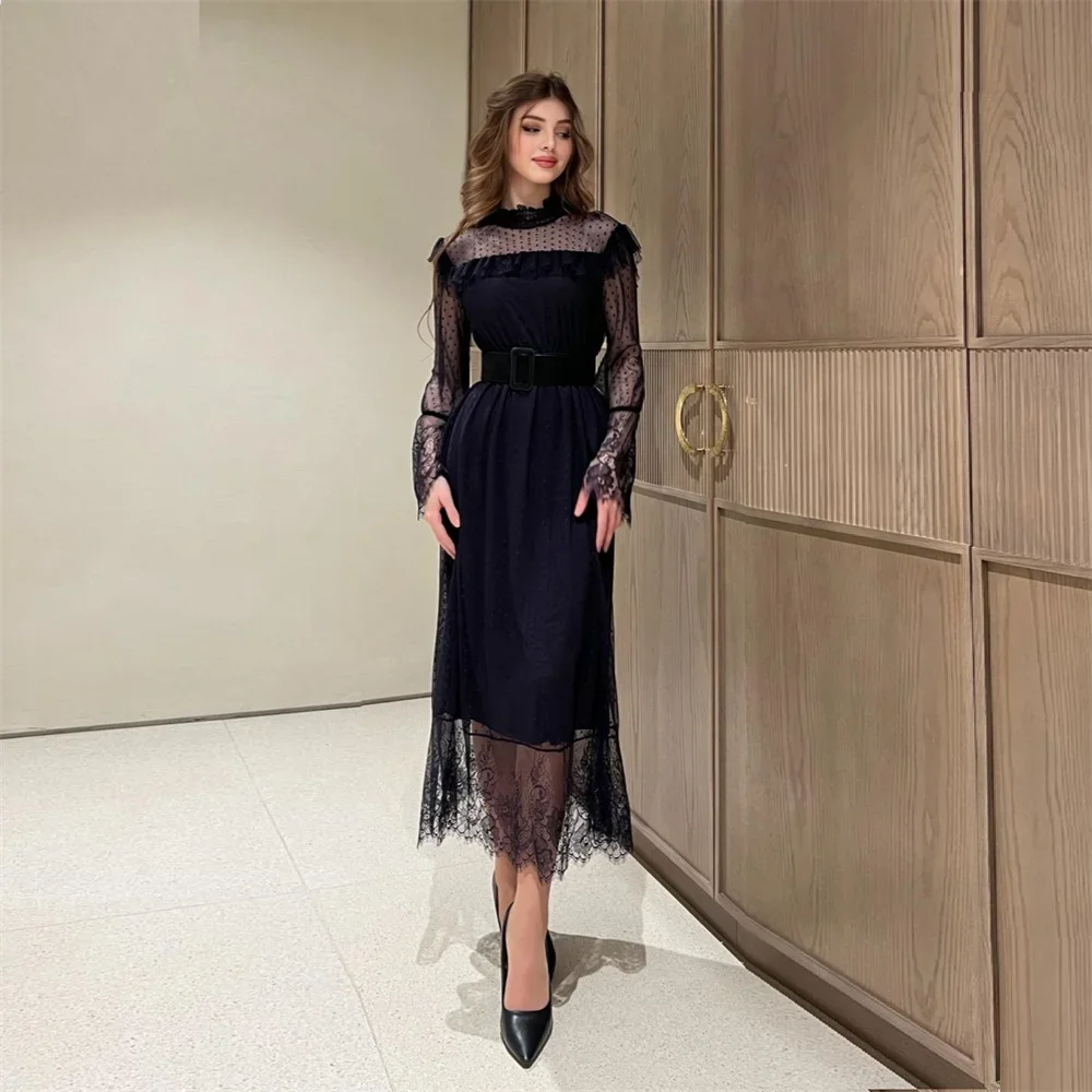 

Customized Evening Gown Saudi Arabia Prom Dearin Scoop Neckline A-line Ankle Length Skirts Draped Tulle Lace Bespoke Occasion Dr