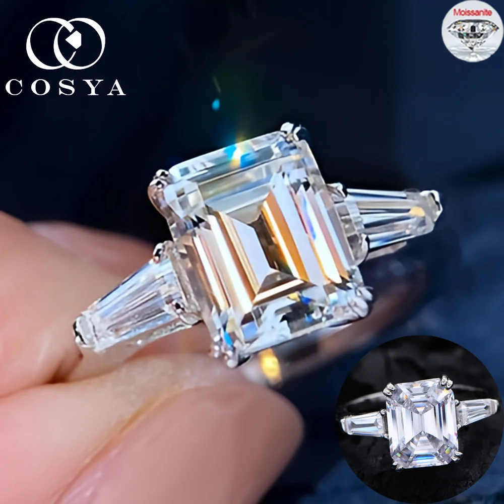 

COSYA1-4CT кольцо с муассанитом для женщин, 3-каменная изумрудная огранка, стерлинговое серебро S925, лабораторное обручальное кольцо с бриллиантами, обручальное ювелирное изделие