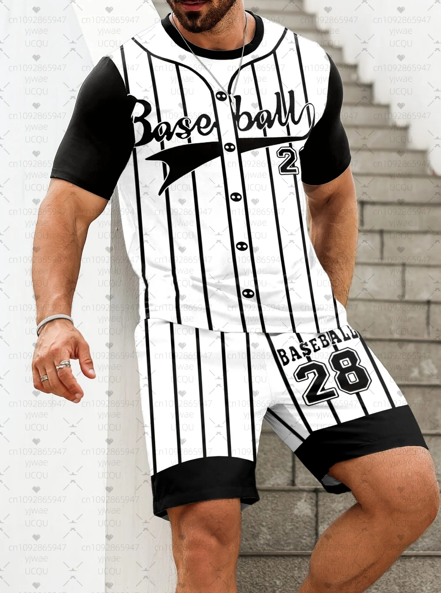 

2026 Summer Men 2pcs Set Mens Basketball No.28 Stripe Print T-Shirt Shorts Set Adult Men Jogging Plus Size Tracksuit 2 Piece Set