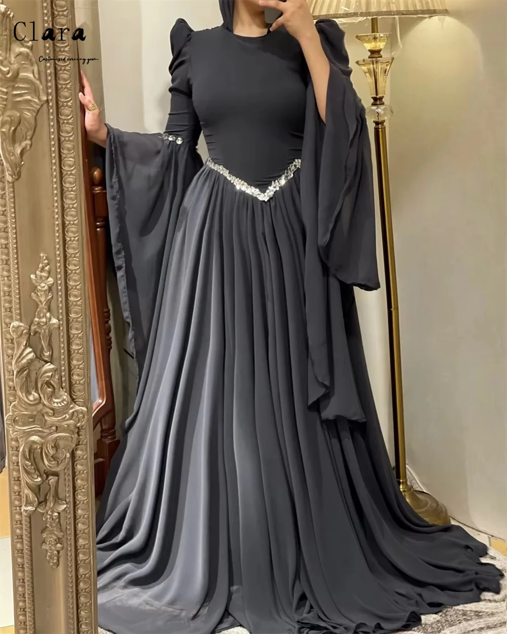 Clara personalizzato strass rosso manica lunga una linea abito da sera da sposa da donna di lusso 2025 abiti da ballo di lusso D/festa elegante