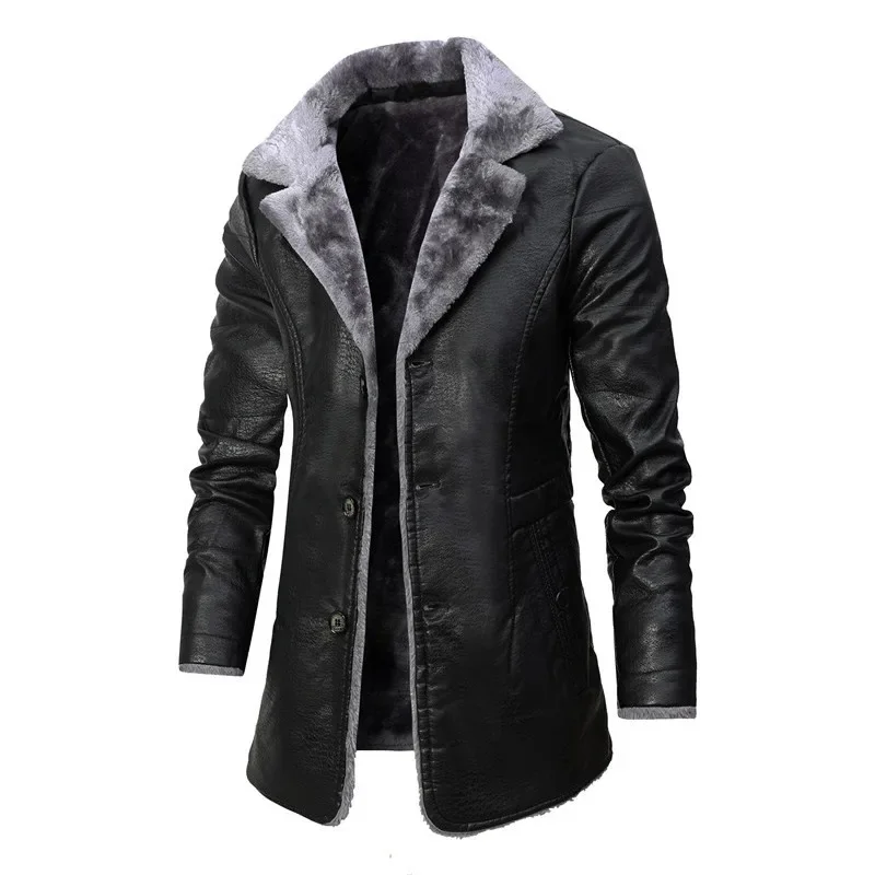 Autumn/WinterLong-Length PU Leather Jacket Business Style European Sizing Fleece Lining Lapel Design Warm Season Outerwear