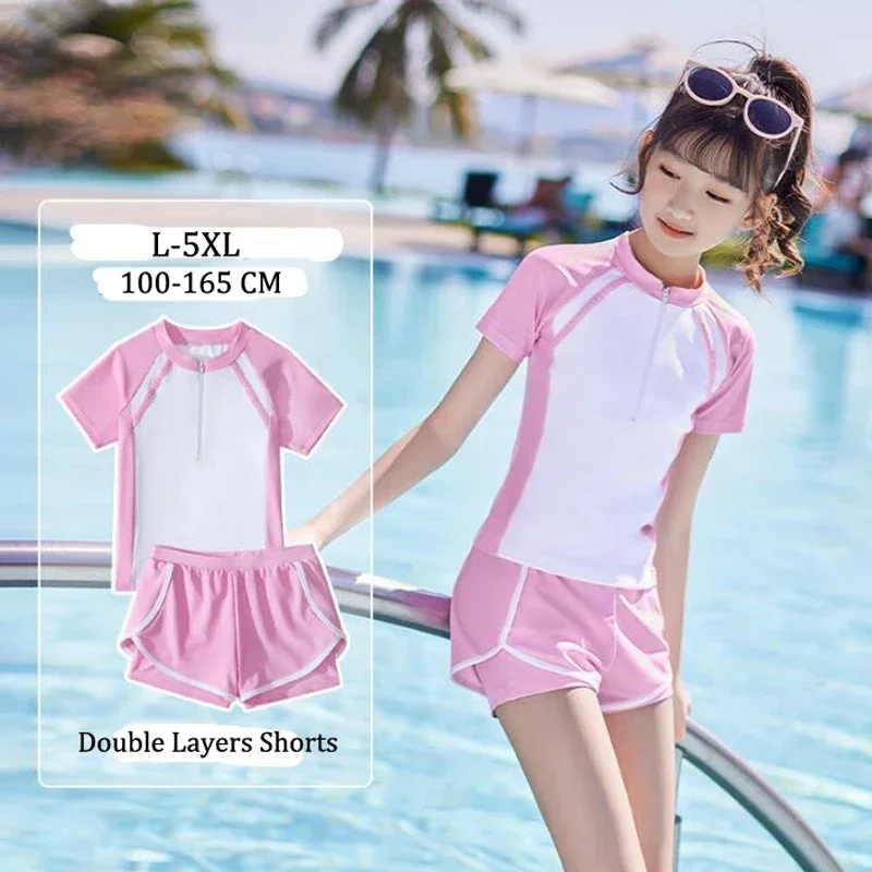 

Double Layers Shorts Girls Swimwear Two-Pieces Suits Summer Beach Clothes L-5XL Kids Short-sleeve Swimsuit For Girl Pink, Black