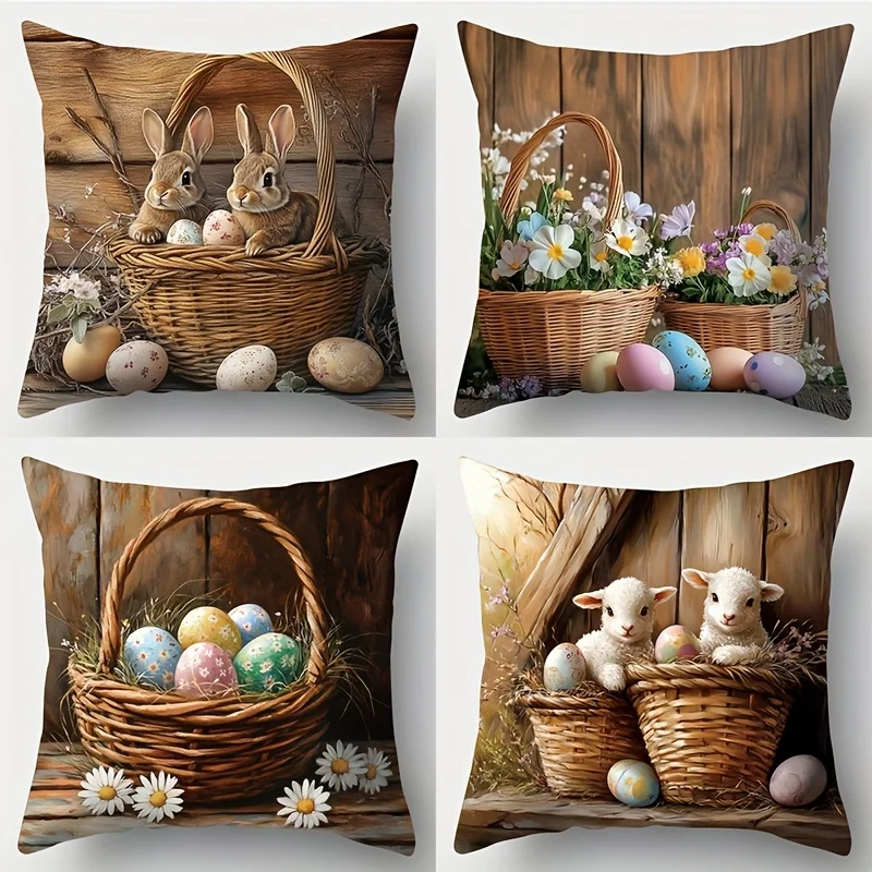 4Pcs Easter Pillow Covers 45x45cm Double-sided Printed Bunny Lamb Egg Cushion Cases Spring Farmhouse Decor Throw Pillows No