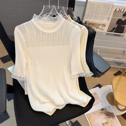 White Hollow Knitted Tshirt Sweater Women 2023 Summer Short Sleeve O-neck Tops Pullover Solid Fashion Workwear Ladies Knitwear