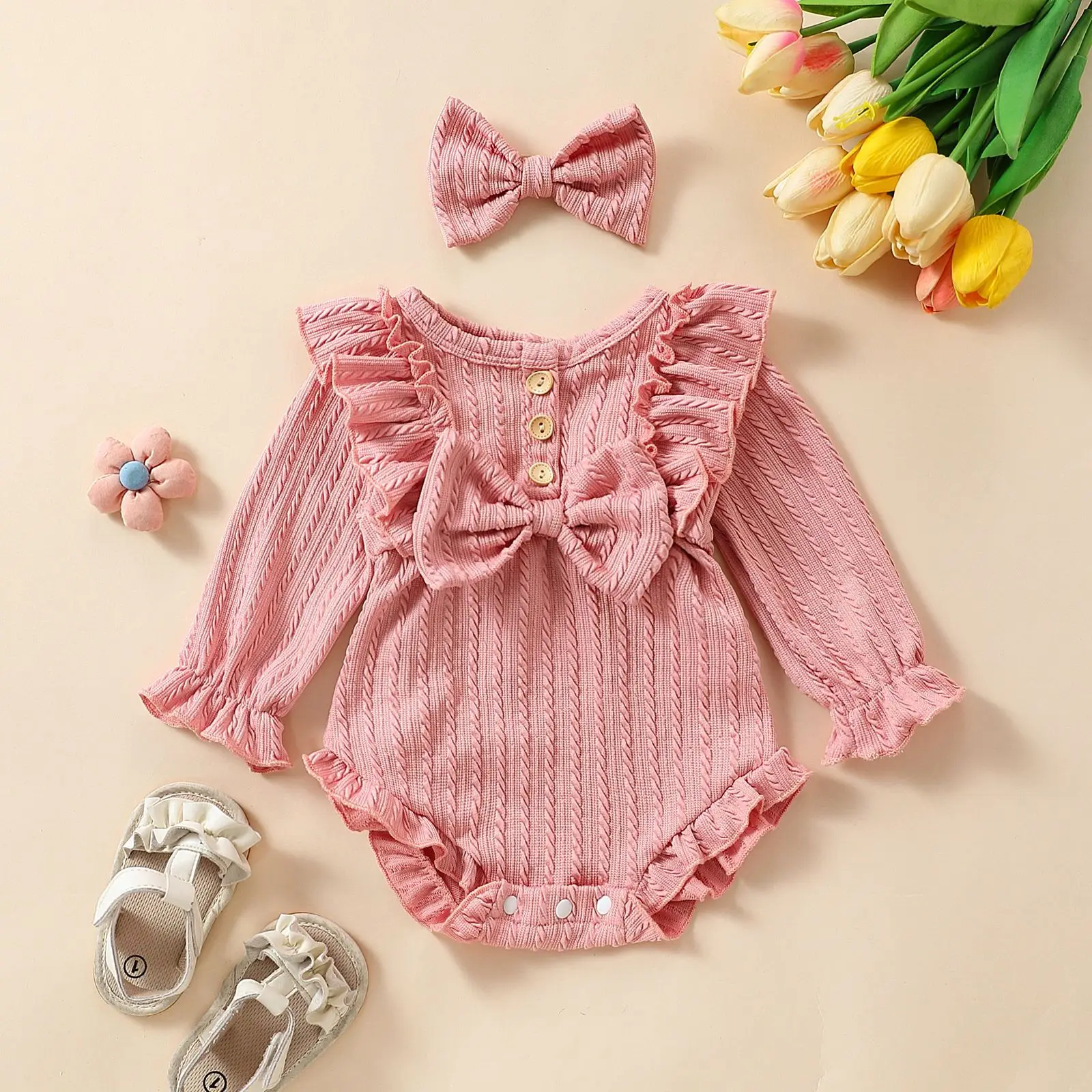 Somenie Cute Baby Girl Long Sleeve Romper Lace Bow Decor Soft Pure Cotton Autumn Infant Crawling Onesie