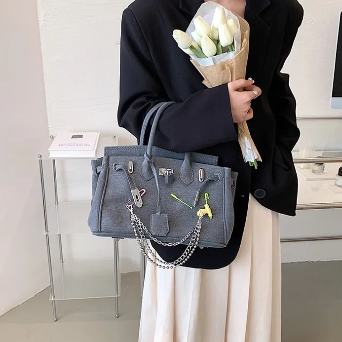 حقيبة نسائية ريترو المتعثرة الدنيم محاكاة ساخرة حقيبة كتف فريدة من نوعها حقيبة كروسبودي حقيبة نمط بيركين