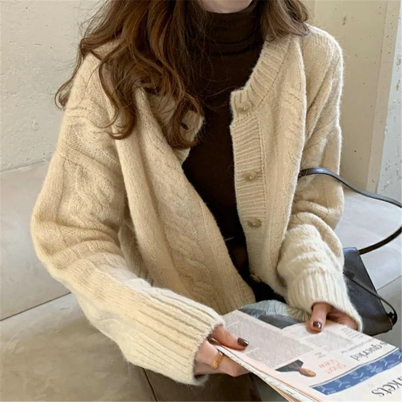 

Korean Style Button Knit Cardigan Retro Solid Color Long Sleeved Sweater Women's Casual Knitted Jacket Autumn Loose Cardigan