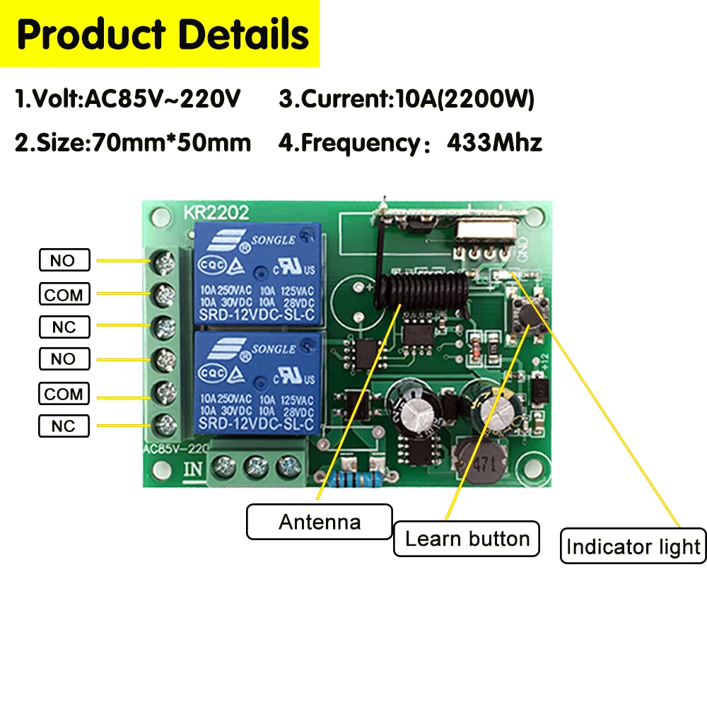 Mando a distancia RF para puerta de garaje, interruptor remoto inalámbrico Universal de 433 Mhz, CA de 110V, 220V, receptor de relé de 2 canales,