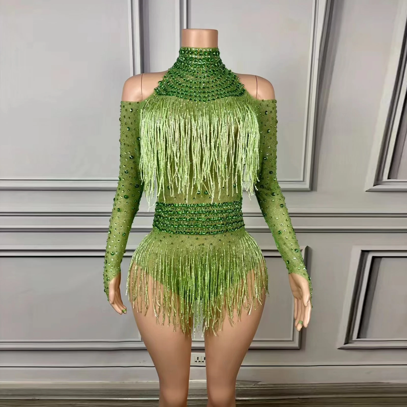 Sexy fringe rhinestone women bodysuit Stage dance outfits Birthday party club team performance leotard drag Queen costume Custom