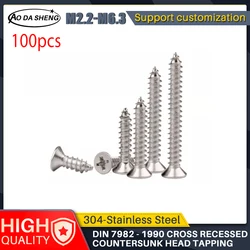 AODASHENG 100pcs Din7982 304 Stainless Steel M2.2 M3.9 M4.8 M6.3 Cross Recessed Flat Head Countersunk Self-tapping Wood Screws