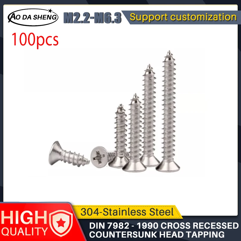 AODASHENG 100pcs Din7982 304 Stainless Steel M2.2 M3.9 M4.8 M6.3 Cross Recessed Flat Head Countersunk Self-tapping Wood Screws