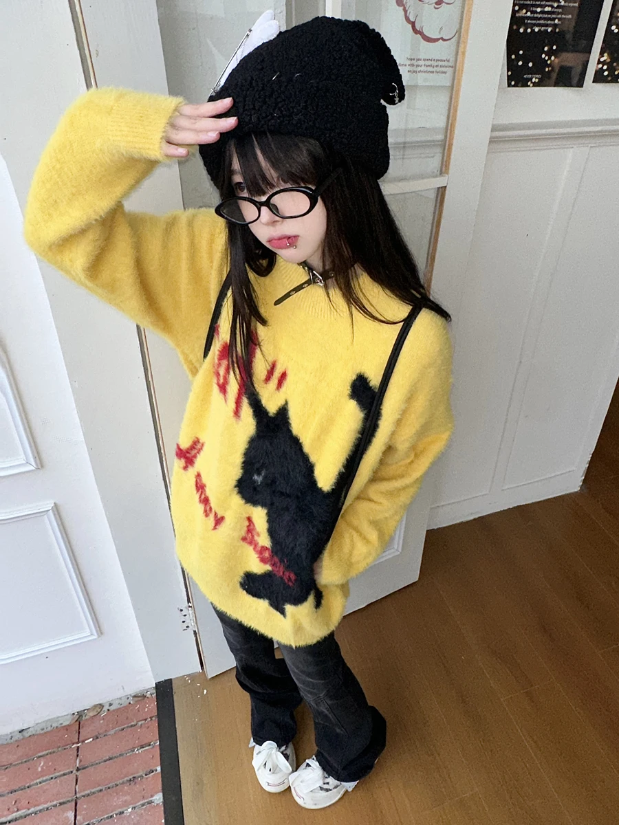 

Cute Lazy Knitwear Loose Women's Sle Sweet Cool Y2K Spicy Girl Loose Knitted Sweater Couple Matching Street Sle round...