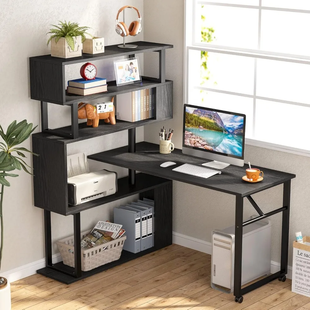 Swivel computer desk with 5 shelves, modern L-shaped corner table with storage, reversible desk with wheels