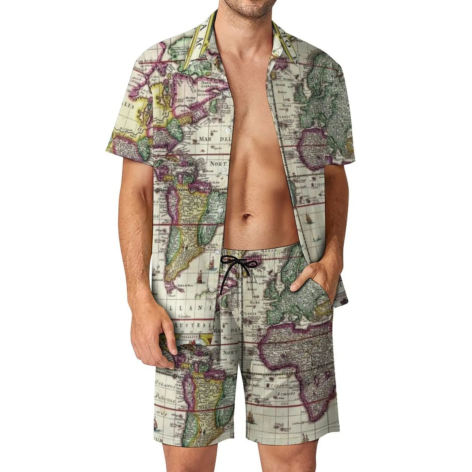 Earth Map Men Sets Vintage 1652 World Map Casual Shirt Set Fashion Beach Shorts Summer Design Suit Clothing Plus Size 2XL 3XL