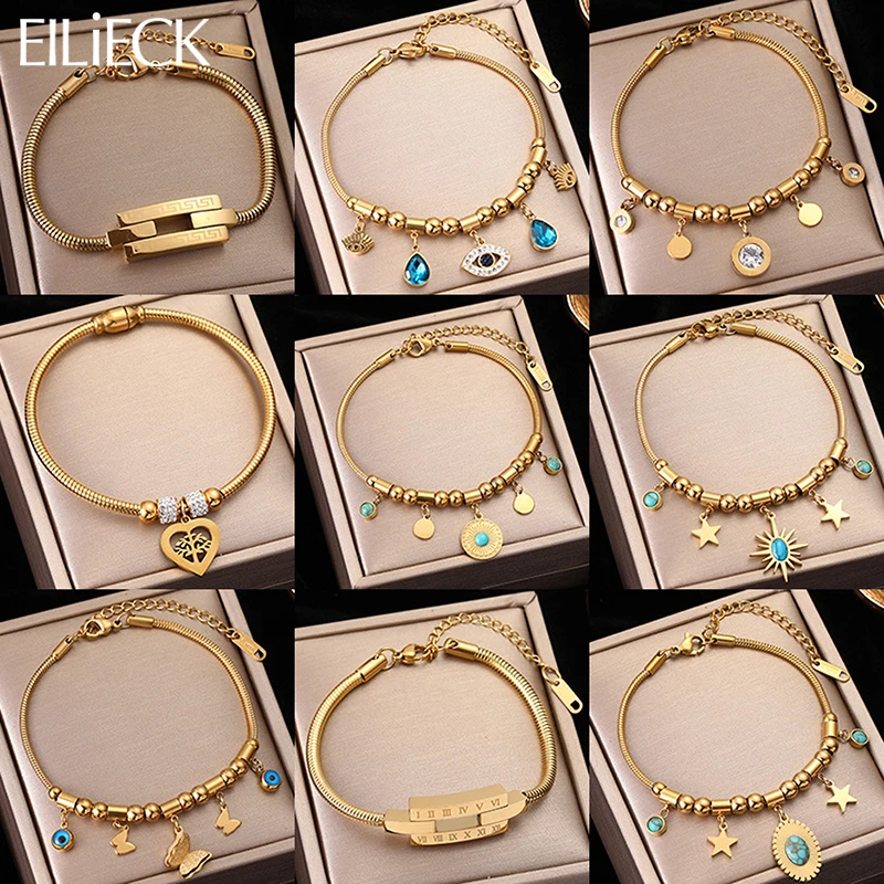 EILIECK 316L stal nierdzewna kropla wody cyrkon motyl heksagram Charm bransoletka dla kobiet Trend moda złoty kolor biżuterii prezent