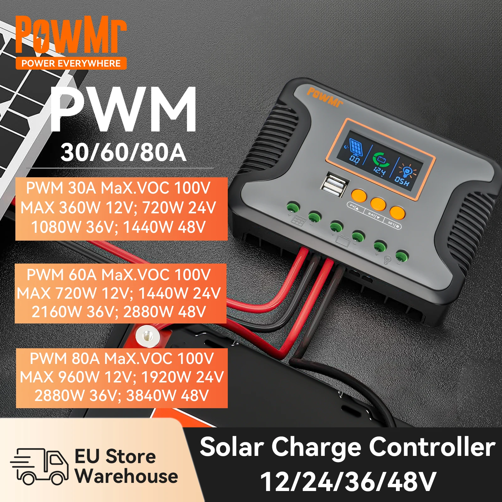 Powmr 80a 60a 30a pwm Solar laderegler 12V 24V 36V 48V LCD-Display Dual-USB für Agm, Gel, Fld,