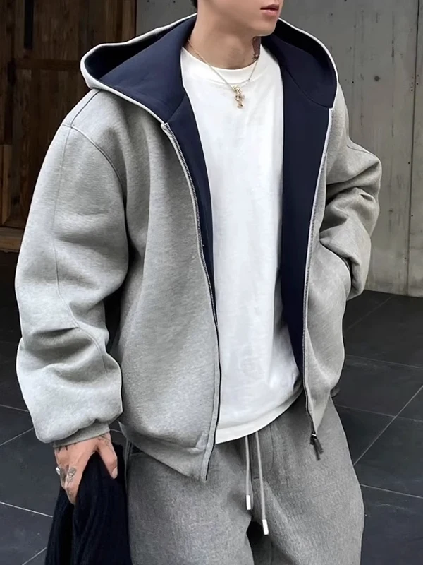 

Мужская толстовка-худи Heavyweight Casual с двойной молнией, в стиле Color Block, для весны и осени, модная уличная одежда