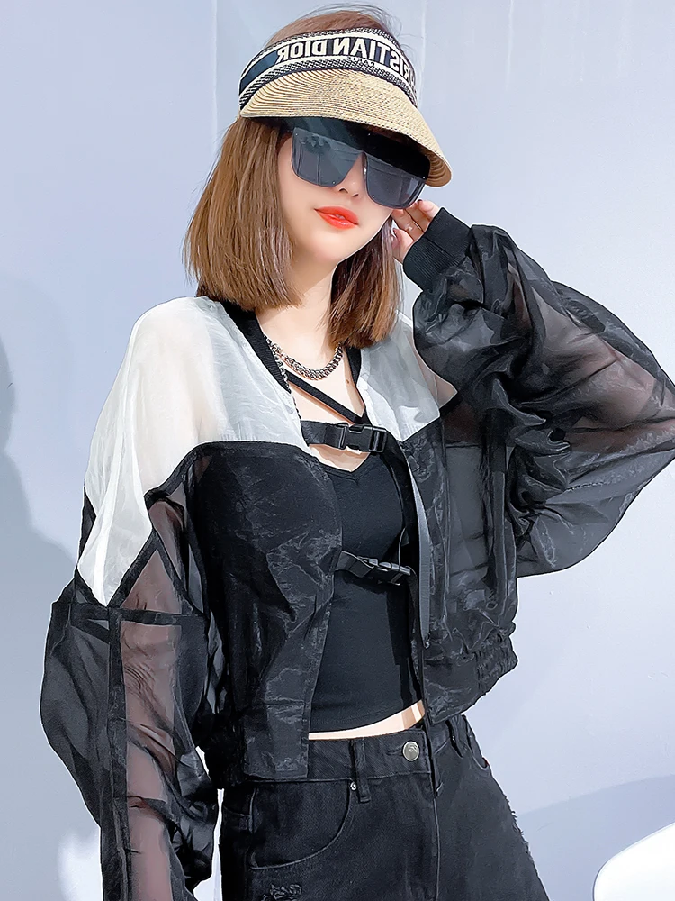 

Spring Summer Thin Jackets Women Color Block Zipper Sunscreen Coats Streetwear Fashion Short Outerwear Female Trend