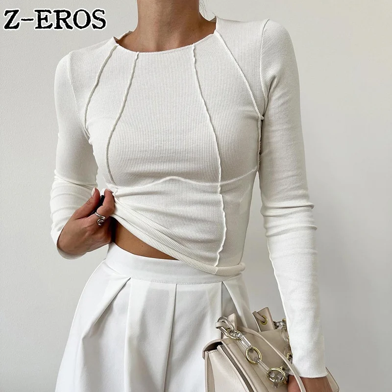 

Z-EROS Long Sleeve T-shirts with Slit Line Women Spring Autumn Basic Casual Slim Fit Pullover Tops Solid O Neck Stitched T-shirt