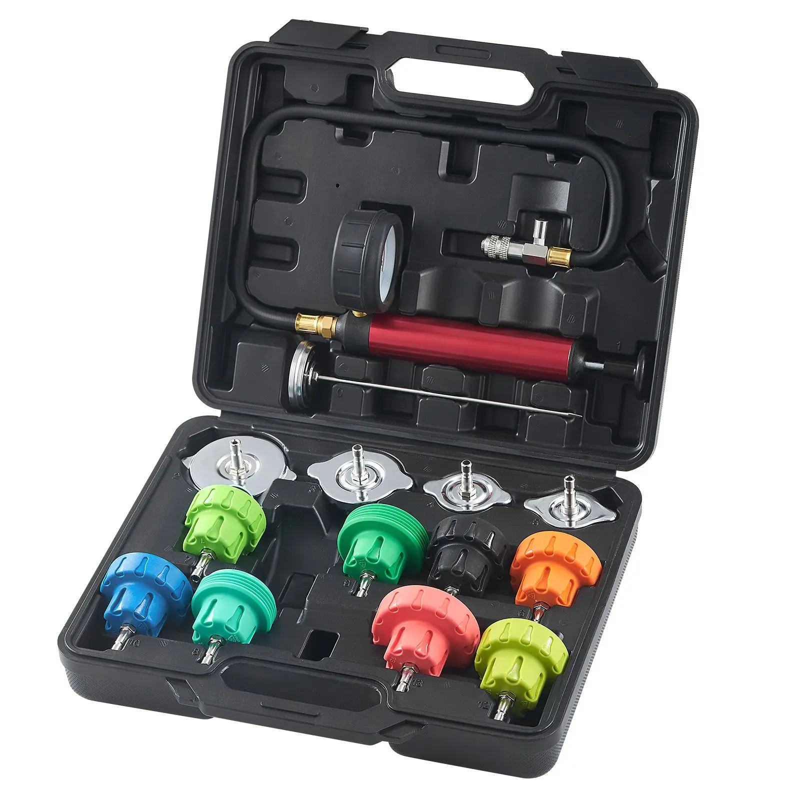 14 pcs Universal Radiator Pressure Tester Kit, Coolant with Manual Pump and Color-coded Steel Test Cap Adapters, Toolbox, For