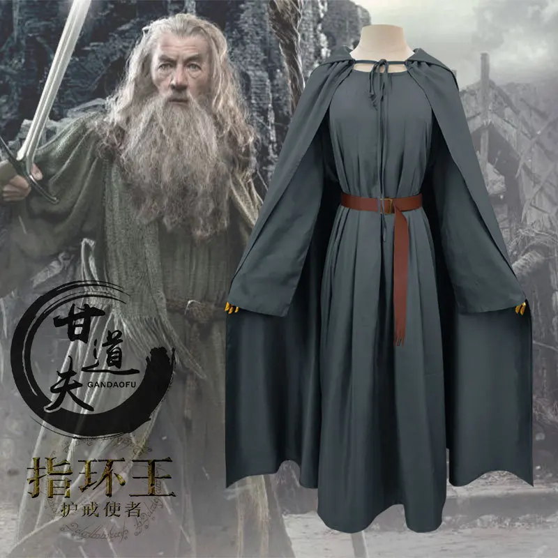 Túnica de mago para adultos, disfraz de hechicero para hombre, capa gris con sombrero de mago, capa de Gandalf de El Hobbit, traje de cosplay de Halloween