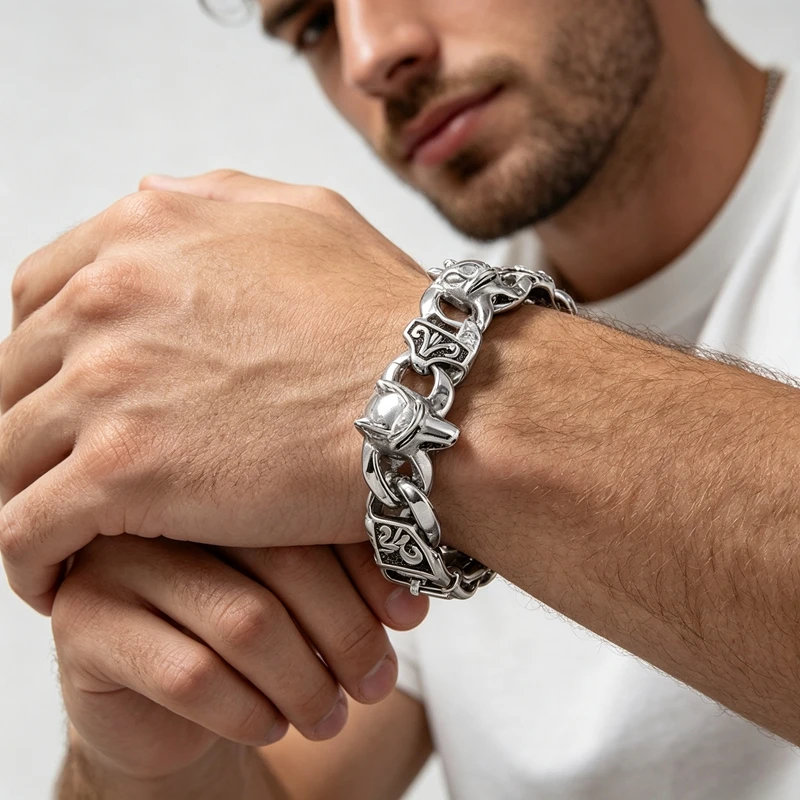 Kalen Vintage Wolf Head Bracelet for Men Stainless Steel Animal Link Chain Punk Biker Jewelry Accessories Holiday Gifts
