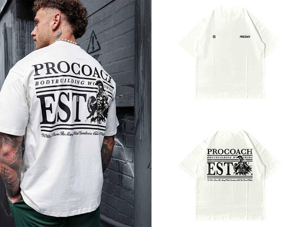 2026new Summer PROCOACH EST Men's Oversized T-Shirt, Vintage Fitness Coach Graphic, Heavy Cotton Gym Streetwear