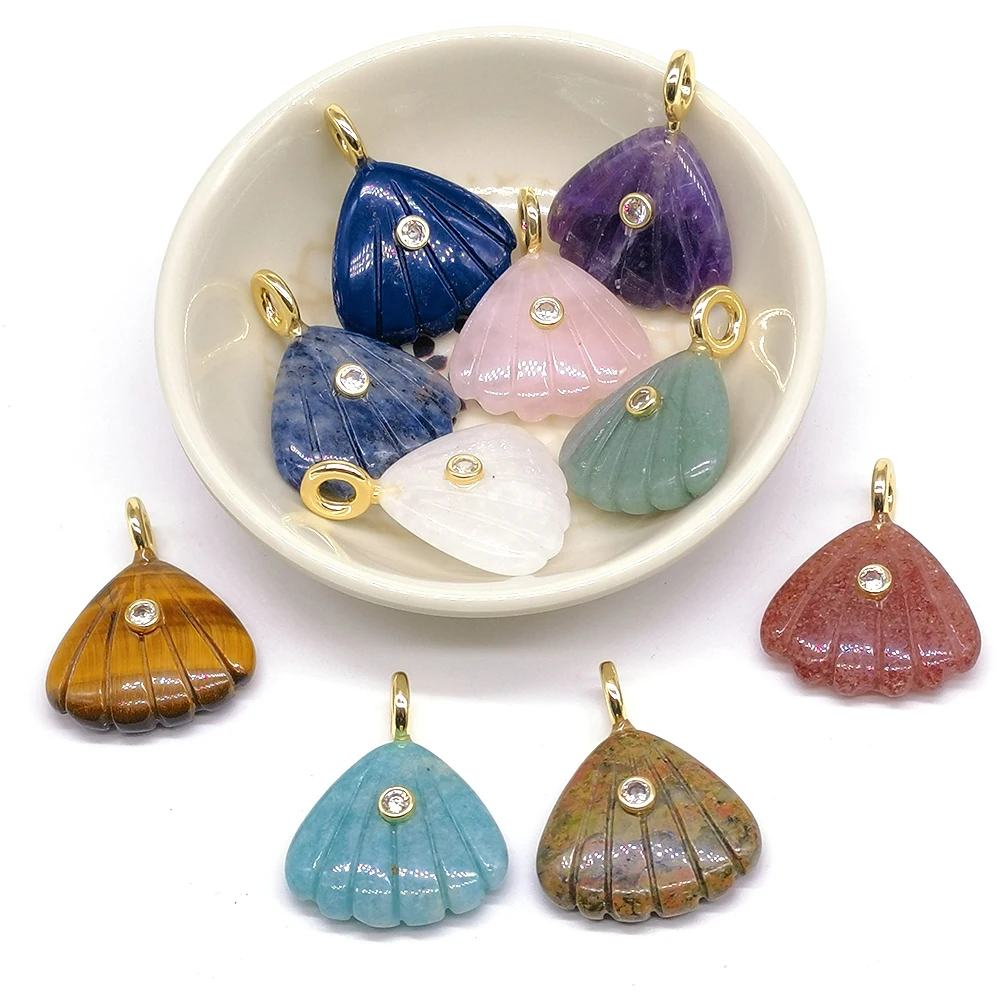 Lovely Shell Shape Natural Stone Gemstone Tiny Zircon Paved Pendant Amethyst Tiger Eye Charms Fit Jewelry for Necklace Craft